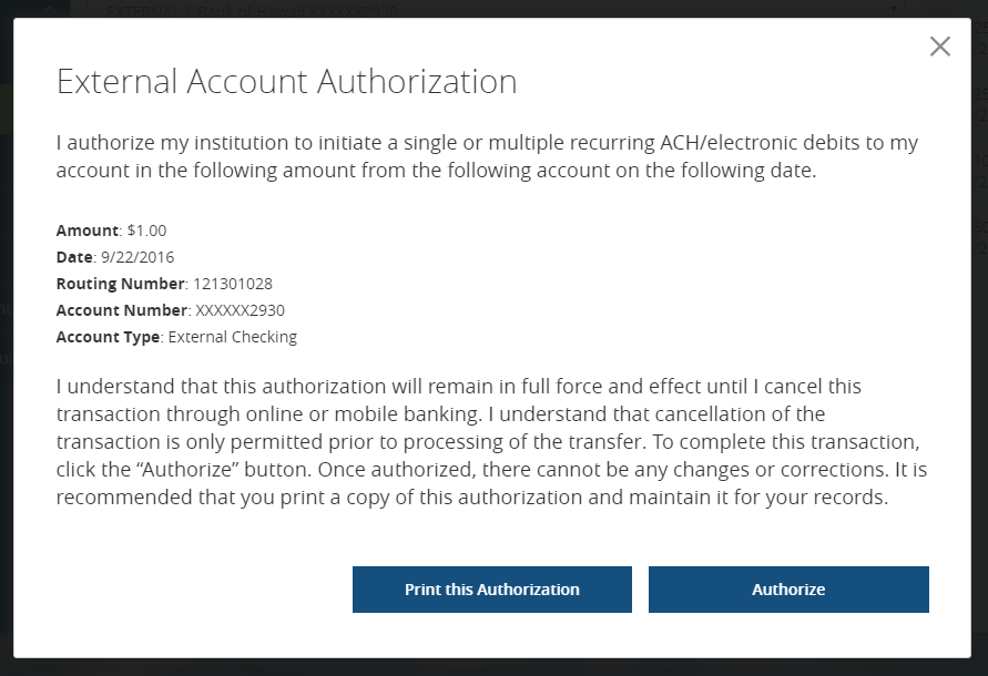 External account authorization example