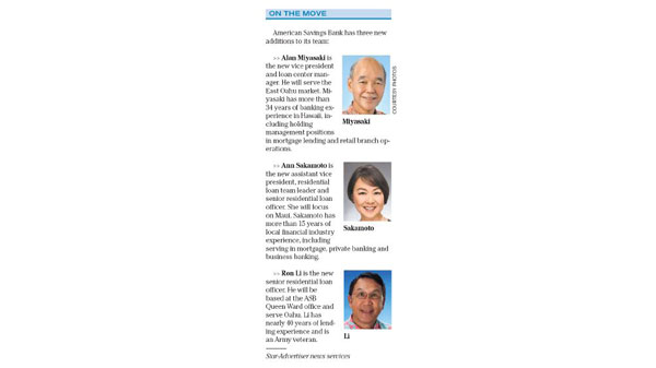 American Savings Bank has three new additions to its team