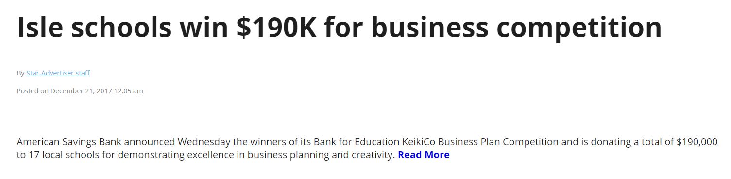 Isle Schools win American Savings Bank KeikiCo competition