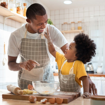 dad and son in kitchen