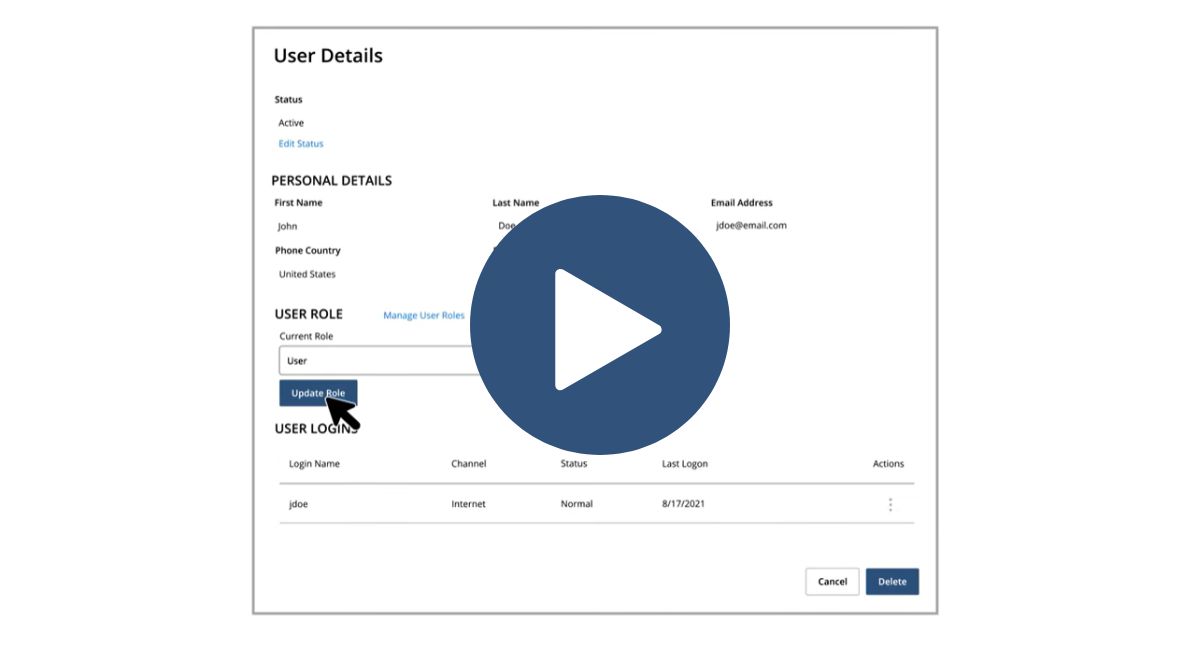 User management window within online banking
