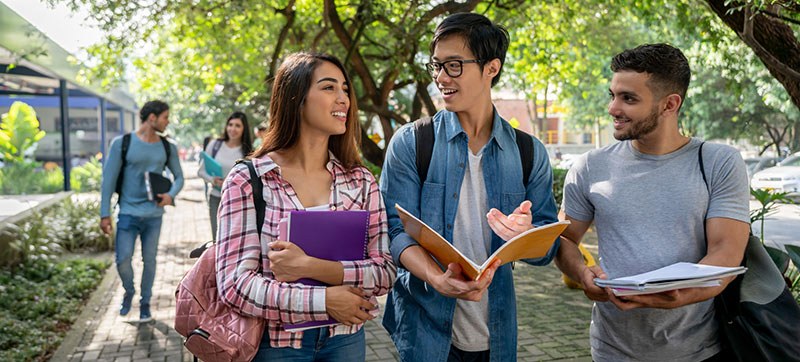 students walking through college campus