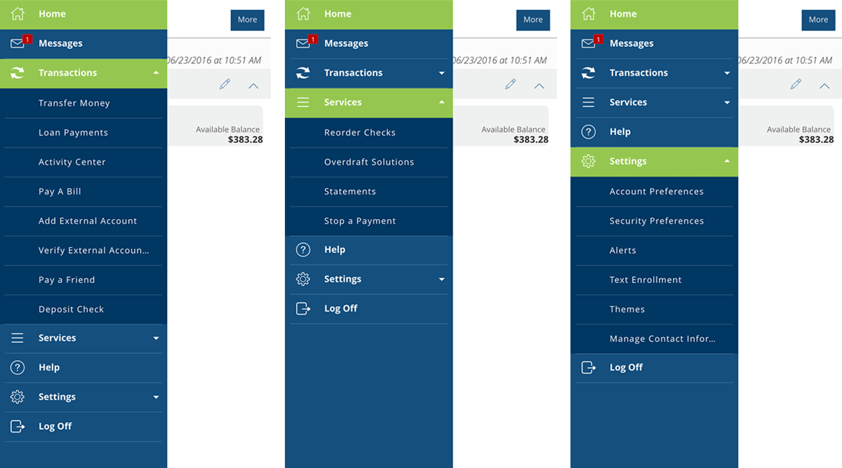 eBanking login and setup screens